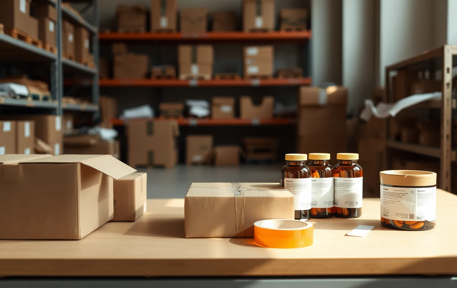 Packed shipping boxes and labeled bottles on a warehouse fulfillment table.